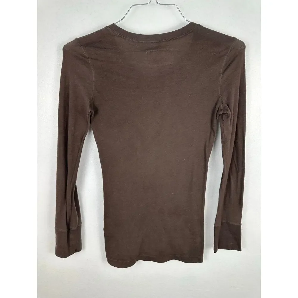 Aéropostale Women's Floral Script Long Sleeve Brown Henley Shirt vtg Y2K Medium - Picture 5 of 7